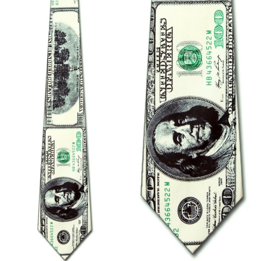 A. Rogers Handmade Silk Tie 100 Dollar Bill Money Print Novelty Benjamin Frankli